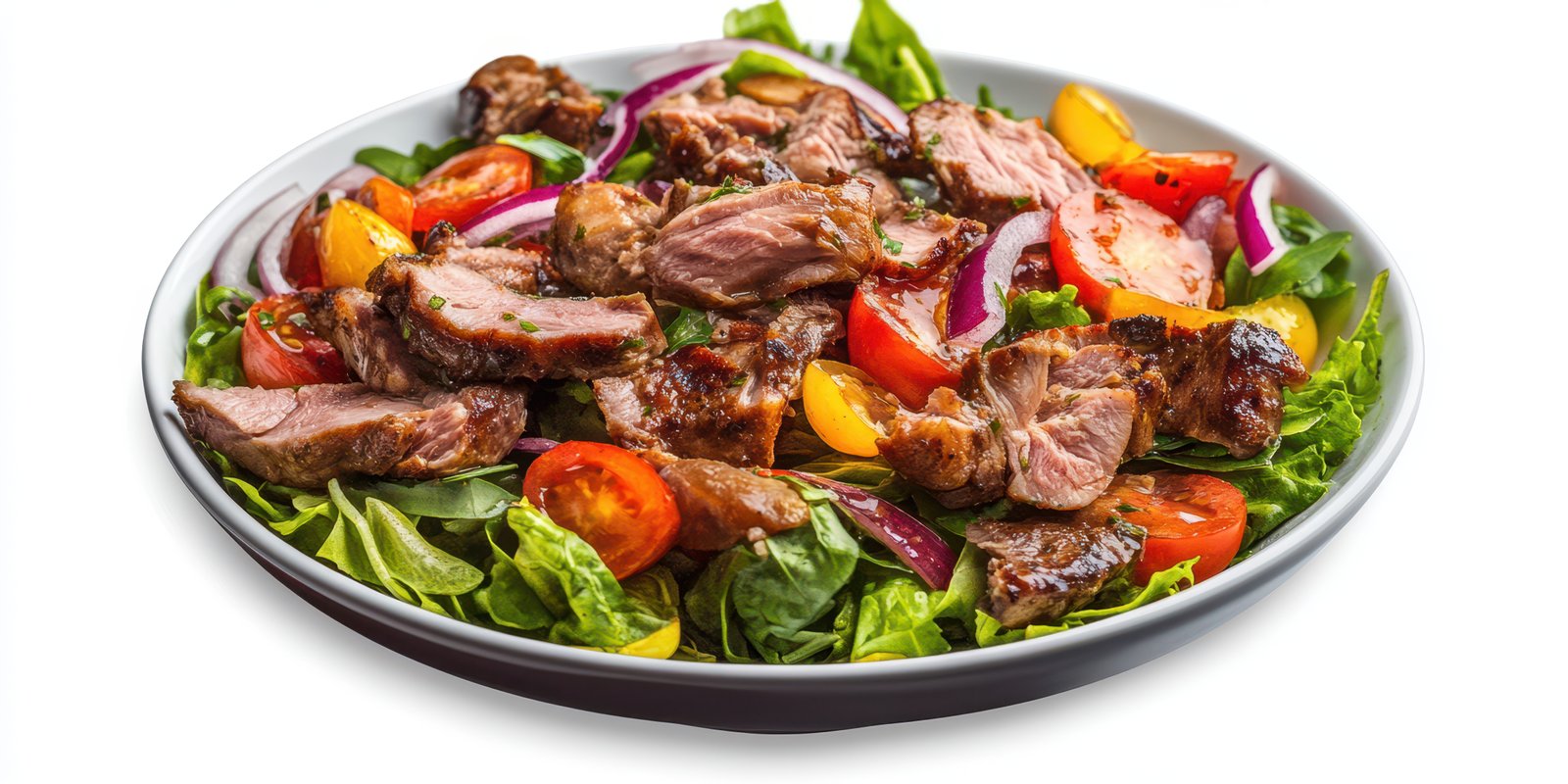 Savory grilled meat served on a fresh salad with tomatoes and red onions prepared in a modern kitchen